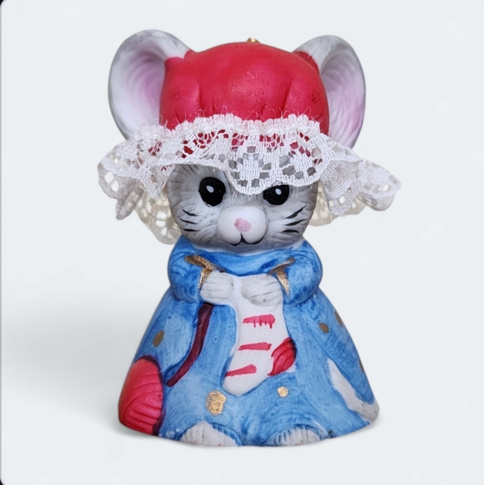 Vintage Jasco Lil Chimer Knitting Mouse Christmas Ornament Bell Bisque Porcelain
